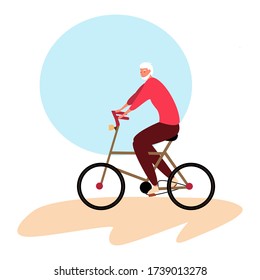 
Cartoon elderly character rides a bicycle. Vector illustration flat design. beach background. Sports active lifestyle.