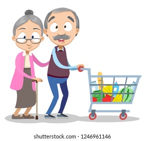 Cartoon Elderly Couple Doing Shopping At Supermarket. Old Happy Man And Woman With Trolley Of Different Purchases Vector Illustration. Retirement Money Concept