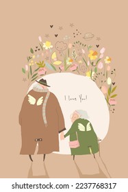 Cartoon Elderly Couple in Love walking under the Moon
