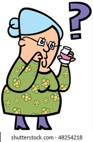 A cartoon of an elderly lady confused about her medication