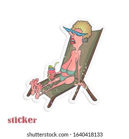 A cartoon elderly lady in sunglasses sunbathes on a deck chair. Vector illustration in the form of a shabby sticker.