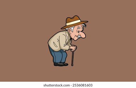 Cartoon elderly man with cane, wearing a brown hat.