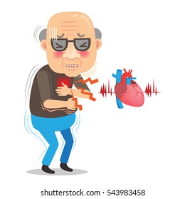 Cartoon Elderly Man With Chest Pain Large Isolated On White Background. Vector Illustration