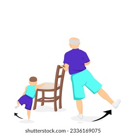 Cartoon Elderly man and child are exercising with chair.Grandpa and grandchild are wearing sport workout. Vector illustration isolated flat active healthy workout aged man and kid on white background