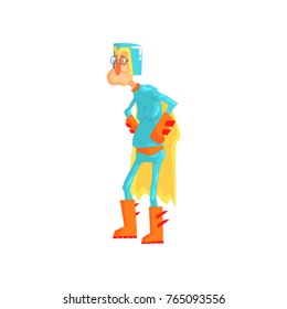 Cartoon elderly man dressed as superhero. Funny old character standing with arms akimbo in blue hero costume with helmet and yellow cape. Isolated flat vector