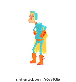 Cartoon elderly man dressed as superhero. Funny old character standing with arms akimbo in blue hero costume with helmet and yellow cape. Isolated flat vector
