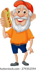 Cartoon elderly man in orange shirt and cap holding hot dog, cheerful vector illustration