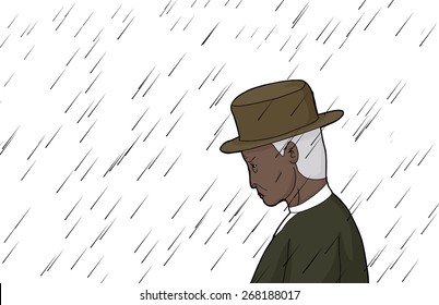 Cartoon of elderly man in in rain over white