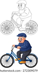 Cartoon elderly man riding blue bicycle, colored and outline versions, cheerful expression, white background