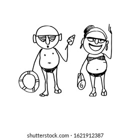 Cartoon of an elderly man and woman in bathing suits on the beach. Pensioners rest in the summer. Joyful retirement life. Doodle illustration, Vector