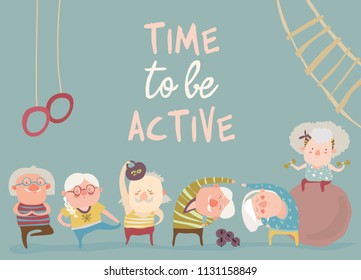 Cartoon elderly people doing exercises