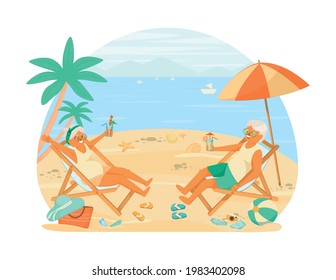 Cartoon elderly people happy life composition couple relaxing on the beach in bathing suits on sun beds vector illustration