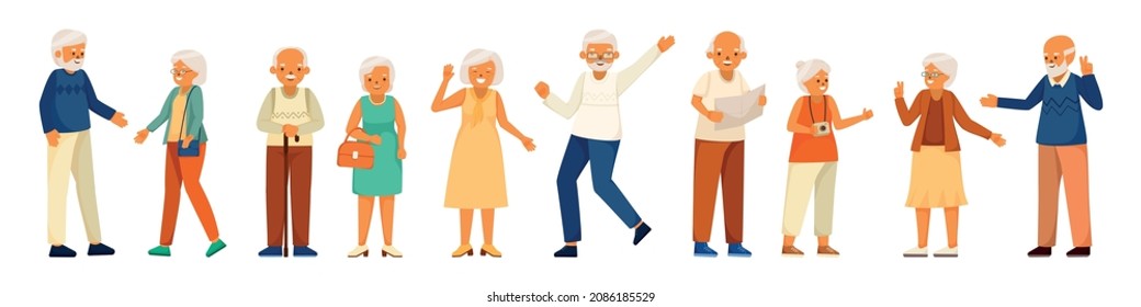 Cartoon elderly people happy life colored composition five pairs of adult men and women standing dancing and talking to each other vector illustration