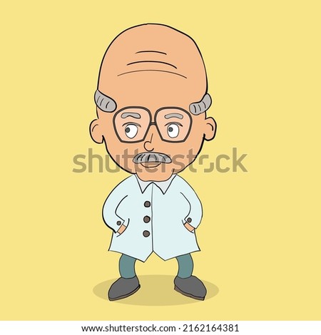 Cartoon elderly scientist with a big and bald head in a lab coat isolated on a yellow background. Vector illustration. Flat design.
