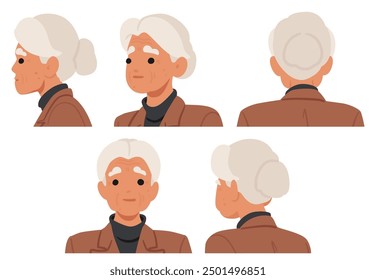 Cartoon Elderly Woman Shown From Different Angles. Vector Illustration Highlights Female Character Profile, Front, And Back Views, Depicting Various Poses And Expressions Isolated On White Background