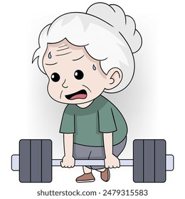 Cartoon of an elderly woman struggling to lift a heavy barbell, showing signs of effort. Ideal for fitness and senior health-themed illustrations.