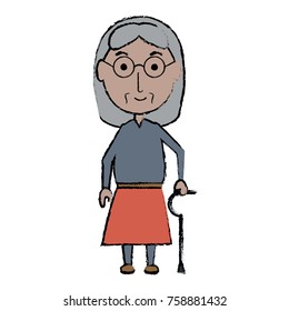 cartoon elderly woman with a walking stick icon over white background colorful design vector illustration