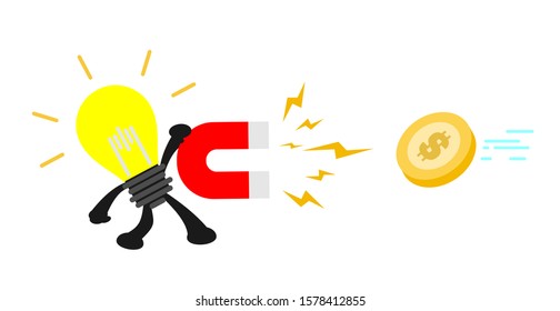 cartoon electric bright lamp idea use magnet for attract gold coin money dollar economy doodle vector illustration flat design style
