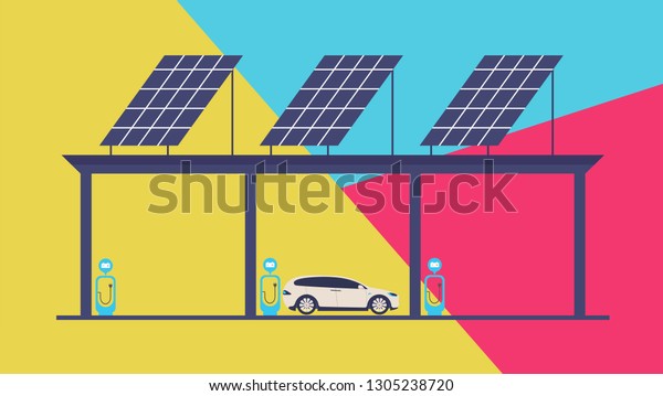 Cartoon electric car\
charging on electric station, electric car, solar panel, solar\
battery of elements for design vector isometric illustration.\
Colour background.