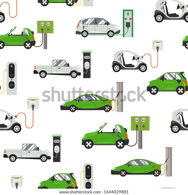Cartoon Electric Car Different\
Design Seamless Pattern Background on a White Energy Technology\
Concept Element Flat Design Style. Vector illustration of\
Icons