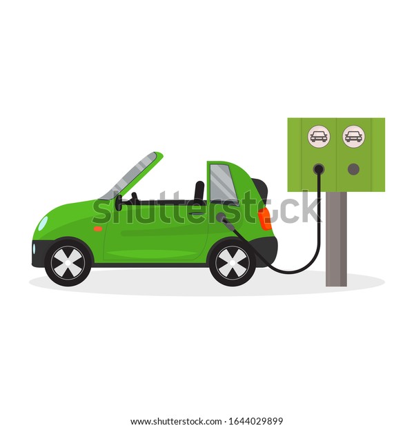 Cartoon Electric Car with Power Station on a\
White Energy Technology Concept Element Flat Design Style. Vector\
illustration