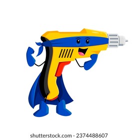 Cartoon electric drill tool superhero character. Isolated vector drillmaster personage, armed with a mighty arms, he bores through obstacles to save the day with precision and power, making diy tasks