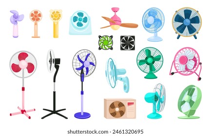 Cartoon electric fans. Electrical fan office industry or appliance, cool air hot wind blower ventilator table rotating propeller control, ingenious vector illustration of air electric fan propeller