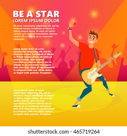 Cartoon electric guitar player. Teenage guitarist shows hand up. Vector illustration of young person holding guitar