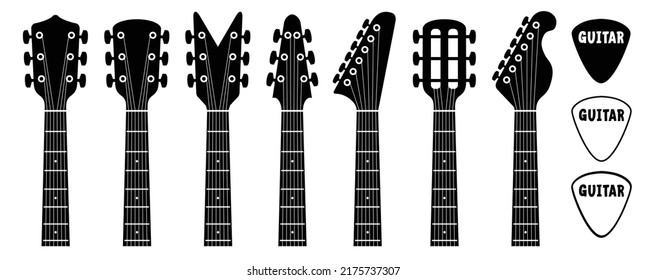 Cartoon elektrisch, Gitarren-Headstock und Gitarrenpick. Rock-Musik-Gitarren-Hälse oder Kopf-Silhouette-Vektorsymbol oder Logo. Musikalische, akustische Unterhaltung. Gitarrenkopfsymbol. 