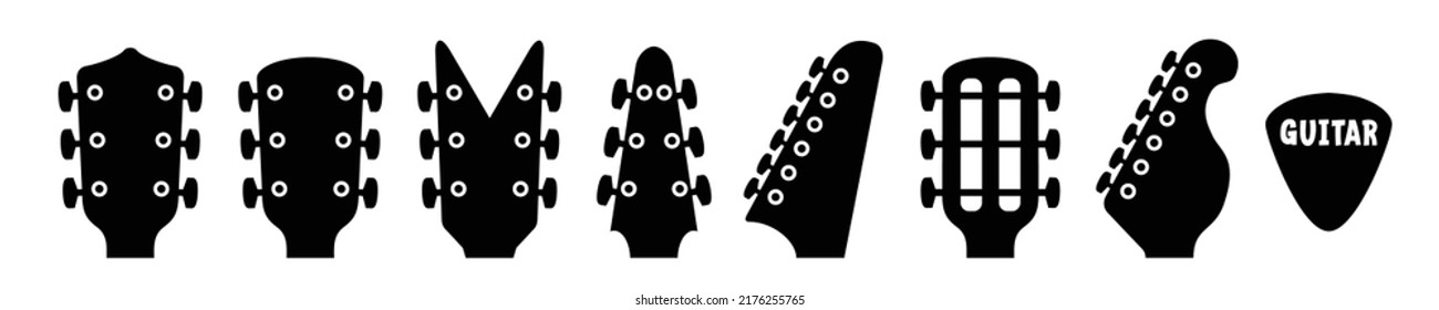 Cartoon electric, guitars headstock and guitar pick. Rock music guitar necks or head silhouette Vector icon or logo. Musical, acoustic entertainment. Guitar head symbol. 