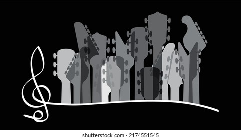 Cartoon elektrisch, Gitarren Headstock Rock Musik Gitarren Hälse oder Kopfsilhouette Vektor Symbol oder Logo. Musikalische, akustische Unterhaltung. Gitarrenkopfsymbol. Bass Guitar Headstock oder Peghead Silhouette. 