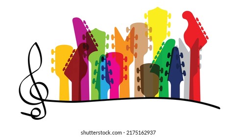 Cartoon electric, guitars headstock Rock music guitar necks or head silhouette Vector icon or logo. Musical, acoustic entertainment. 