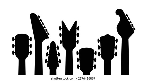 Cartoon electric, guitars headstock Rock music guitar necks or head silhouette Vector icon or logo. Musical, acoustic entertainment. Guitar head symbol. 
