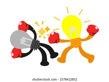 cartoon electric lamp idea fight boxing with each other doodle vector illustration flat design style