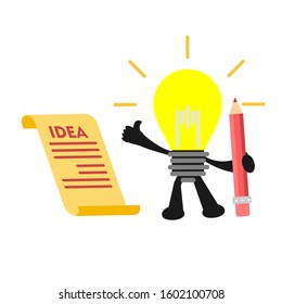 cartoon electric lamp light write idea on yellow paper doodle vector illustration flat design style