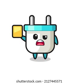 cartoon electric plug character as a football referee giving a yellow card , cute style design for t shirt, sticker, logo element