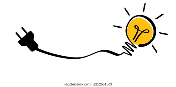 Caricatura eléctrica e idea de lámpara. Toma, electricidad, logotipo o símbolo de la bombilla eléctrica. Tapones de alimentación y lámpara de cable y de luz. Adaptador de enchufe de zócalo. Cable, cable del icono de la energía.  110, 220, 230 voltaje