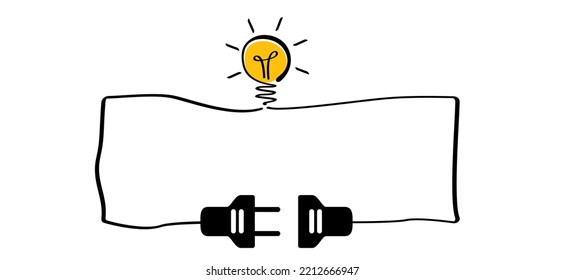 Cartoon electric plug and lamp idea. Socket, electricity, power lightbulb logo or symbol. Power plugs and cable and light bulb. Socket plug adapter. Wire, cable of energy icon. 110, 220, 230 voltage. 