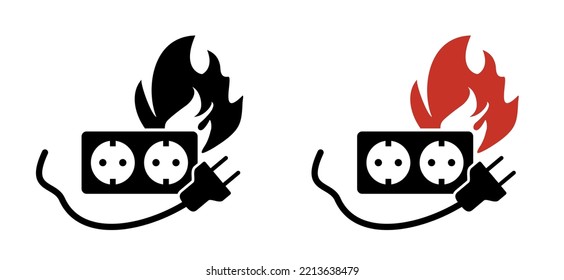 Cartoon electric plug. socket, electricity, power logo oe symbol. Power plugs and broken cable. Socket plug adapter. Wire, cable of energy icon. Fire, flame, overload electrical safety concept,