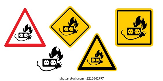 Cartoon Electric Plug. Socket, Electricity, Power Logo Or Symbol. Power Plugs And Broken Cable. Socket Plug Adapter. Wire, Cable Of Energy Icon. Fire, Flame, Overload Electrical Safety Concept,