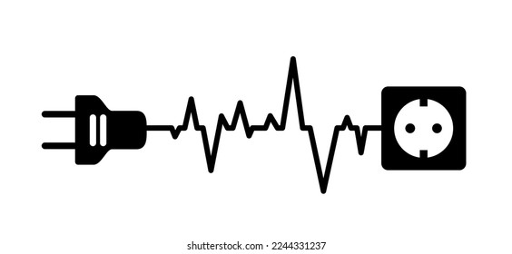 Cartoon electric plug. socket,electricity, power logo oe symbol. Power plugs and cable. Socket plug adapter. Wire, cable of energy icon. heartbeat line pulse. Energy icon. 110, 220, 230 voltage wave. 