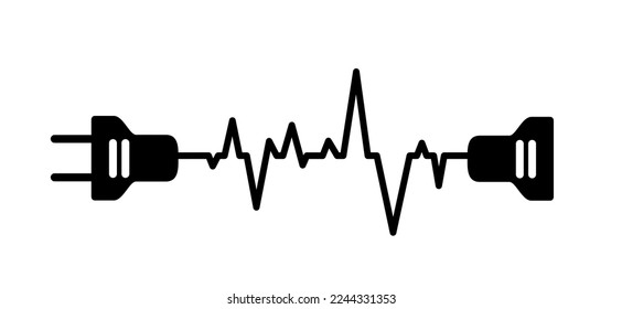 Cartoon electric plug. socket,electricity, power logo oe symbol. Power plugs and cable. Socket plug adapter. Wire, cable of energy icon. heartbeat line pulse. Energy icon. 110, 220, 230 voltage wave. 