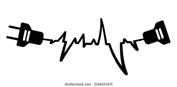 Cartoon electric plug. socket,electricity, power logo oe symbol. Power plugs and cable. Socket plug adapter. Wire, cable of energy icon. heartbeat line pulse. Energy,  110, 220, 230 voltage, wave. 