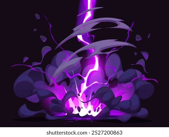 Cartoon electric thunder bolt effect, purple thunderstorm lightning. Vector glowing charges hitting the ground with energy and smoke, convey a sense of power, intensity and magical otherworldly force