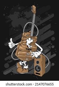 cartoon electric wooden guitar t  shirt design illustration