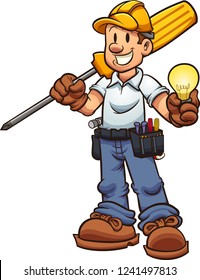 Cartoon electrician holding an oversized screw driver and a lightbulb. Vector clip art illustration with simple gradients. Some elements on separate layers.
