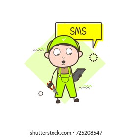 Cartoon Electrician Reading Instructions in Message Vector Illustration