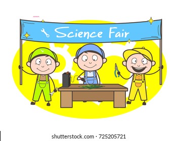 Cartoon Electrician Students Doing Experiments In Science Fair