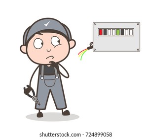 Cartoon Electrician Thinking Before Repairing Vector Illustration