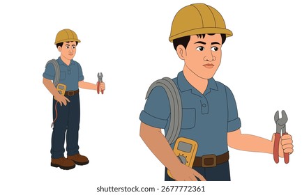 Cartoon Electrician Worker Vector Character with Tools and Helmet